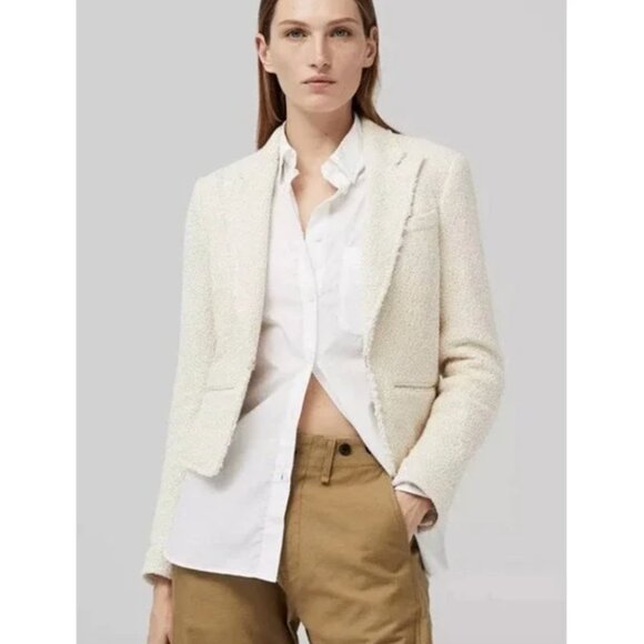 rag & bone Elle Tweed Blazer Ecru Cotton Frayed Trim Jacket Size 6 - Picture 2 of 15